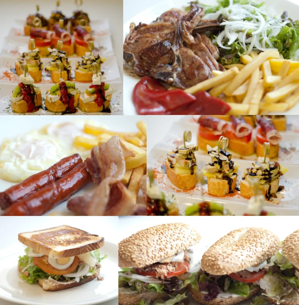 Diferentes platos y pinchos de comida.