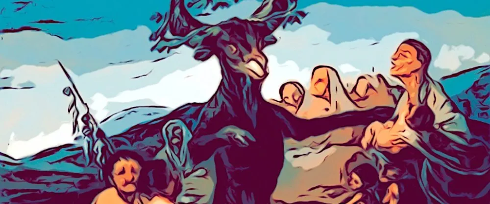 Un dibujo de mujeres al rededor de un Akelarre