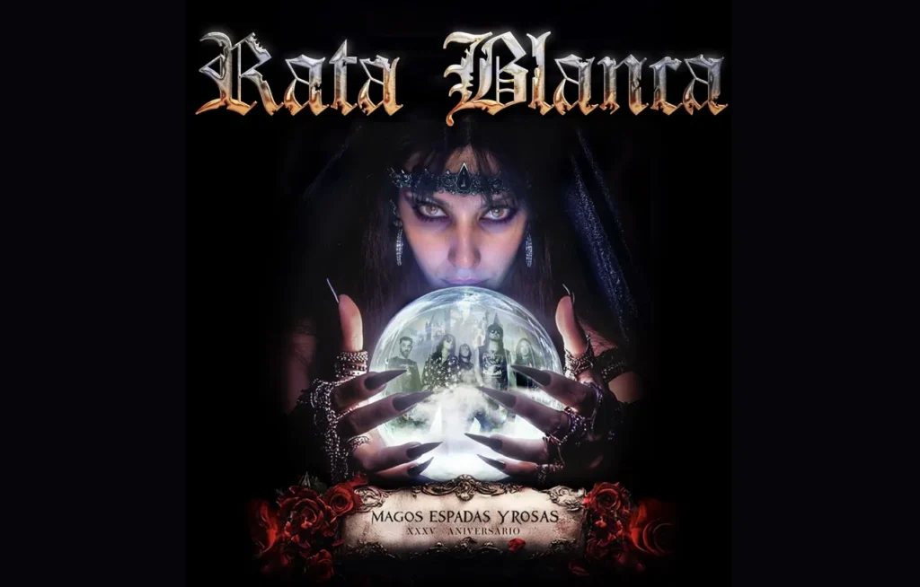 Una mujer vidente agarrando una bola de cristal en la que aparece el grupo Rata Blanca.