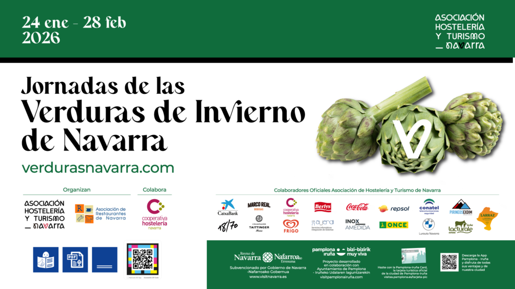 Cartel promocional de las Jornadas de las Verduras de Invierno de Navarra 2026, organizadas por la Asociación de Hostelería y Turismo de Navarra y la Asociación de Restaurantes de Navarra. El cartel muestra el título principal sobre fondo claro, acompañado de una imagen de alcachofas. Incluye las fechas del evento, del 24 de enero al 28 de febrero de 2026, la web verdurasnavarra.com y los logotipos de entidades organizadoras, colaboradoras e instituciones participantes. También incorpora iconos de accesibilidad y un código QR informativo.