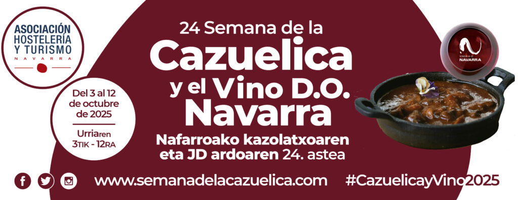 Cabecera publicitaria 24 Semana de la Cazuelica y el vino D.O. Navarra, incluye la web y el hastag