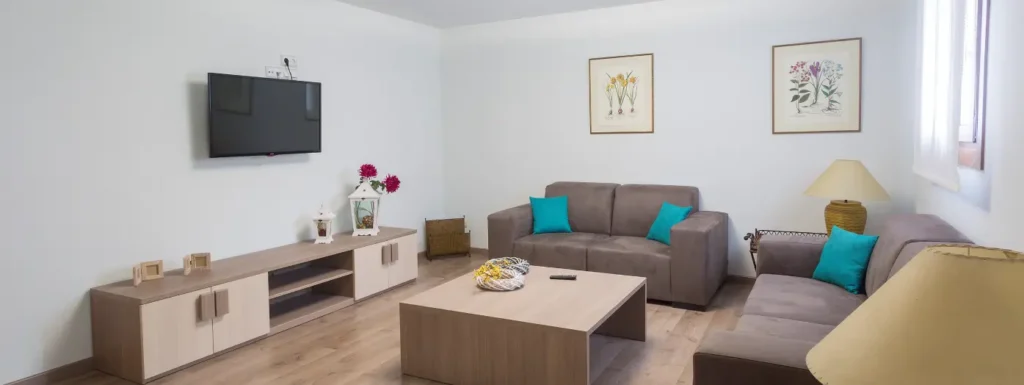 Salon de estar con televisión colgada en la pared y dos sofas y una mesa central, se ve decoración de hogar