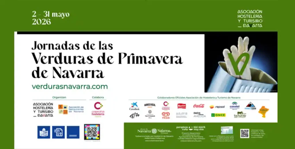 Cartel informativo sobre las Verduras de Primavera de Navarra que se celebra del 2 al 31 de mayo en Navarra. Contiene logos de empresas colaboradoras y entidades como Ayuntamiento y Gobierno de Navarra. Además de pictogramas de accesiblidad y QR navilens