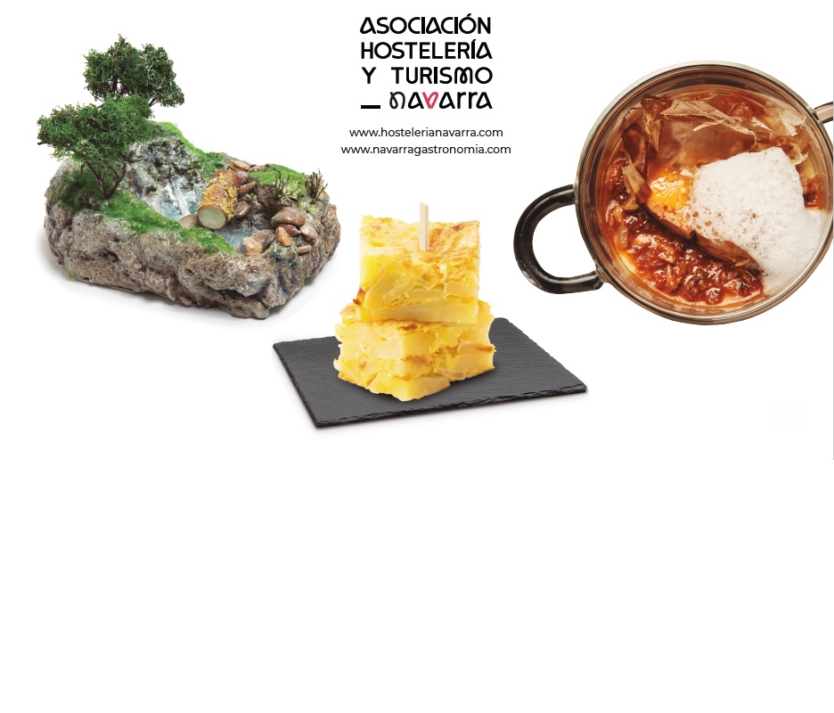 Imagen de cabecera que acompaña a la página eventos gastronómicos con una imagen de un pincho, una cazuelica, una tortilla patata y el logo de AEHN