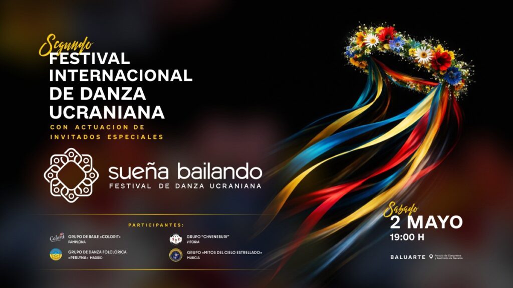 Cartel Festival Internacional de Danza Ucraniana, titulo, fecha, hora, colaboraciones y una imagen de un corona de flores con lazos