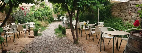 Jardin de piedras, con sombra de arboles y mesas con sillas para descansar
