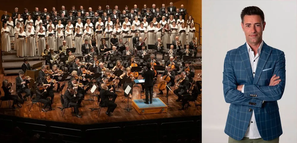 Durante una actuación comparten escenarios el orfeón pamplonesa, la orquesta sinfónica de navarra y el solista navarro José Luis Sola