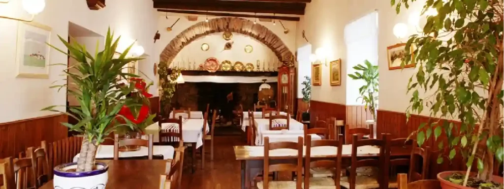 interior del bar con mesas y un fogón.