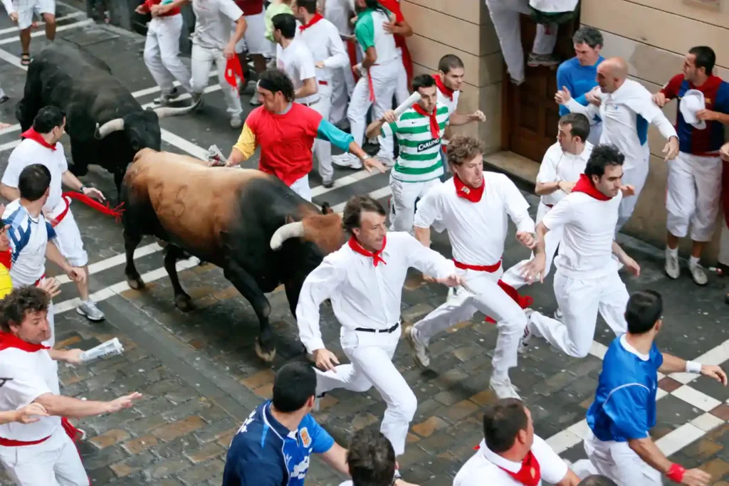 Cooredores delante de los astados durante un encierro de San Fermín
