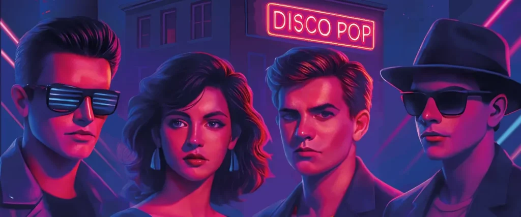Ilustración de 4 personas al estilo de los año 80-90 y detras hay un edificio con el luminoso que indica Disco Pop