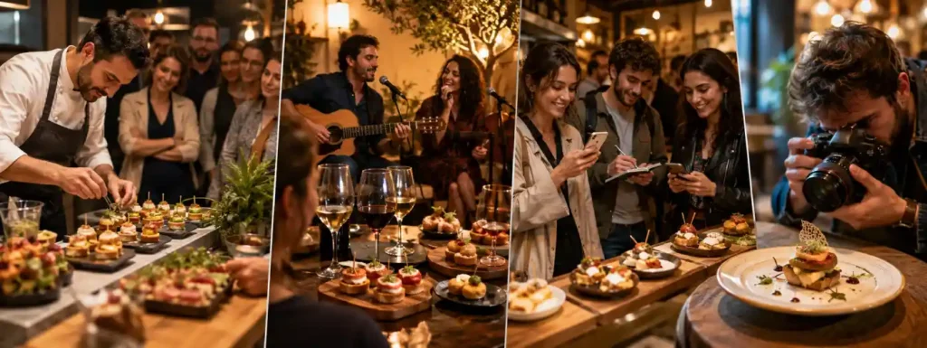 cabecera que ilustra las actividades de la semana del pincho, personas disfrutando de elaboración de pinchos, haciendo fotografías, escuchando música, etc.
