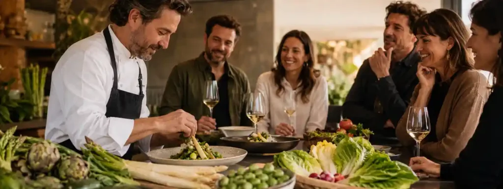 un cocinero prepara verduras alrededor de un grupo de personas que en breve las degustaran, sentados en una mesa
