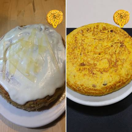 Tortilla tradicional y tortilla rellena de brandada de bacalo y crema ahumada de Idizabal del Bar Maitagarri de Pamplona