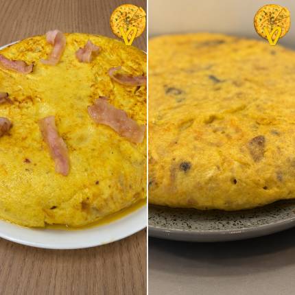 Tortilla de patata tradicional y tortilla conpimiento cristal asado en leña y parpada maskarada del Bar Monasterio de Pamplona