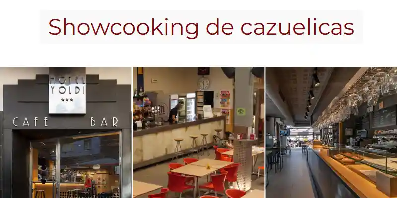 Imagen de los establecimientos que participaran en el showcooking en directo. Fachada del Yoldi, Interior de la Cafetería del Camping Iratxe y Barra del Akari Gastroteka