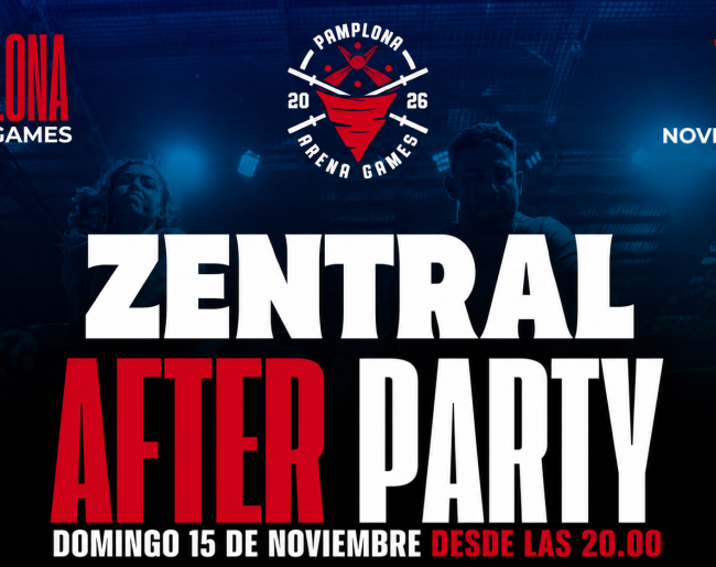 Cartel promocional de Zentral After Party, evento vinculado a Pamplona Arena Games 2026. Sobre un fondo azul oscuro con figuras desenfocadas aparecen el logotipo del evento y el texto principal “Zentral After Party”, junto a la fecha domingo 15 de noviembre y la hora de inicio, desde las 20:00.