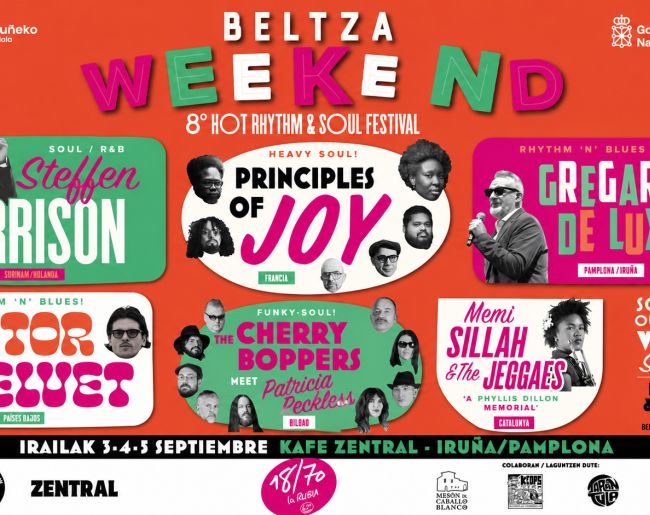 Cartel del Beltza Weekend, 8º Hot Rhythm & Soul Festival, con fondo rojo y diseño gráfico colorido. Incluye los nombres de varios grupos y artistas participantes, como Principles of Joy, The Cherry Boppers, Memi Sillah & The Jíbaros y Gregario de Luxe, junto con las fechas del 3 al 5 de septiembre en Kafe Zentral, Iruña-Pamplona.
