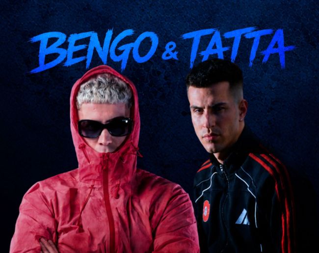 Cartel promocional de Bengo & Tatta sobre fondo azul oscuro. En la imagen aparecen los dos artistas de frente: uno con chaqueta roja con capucha y gafas de sol, y el otro con chaqueta deportiva negra; en la parte superior figura el nombre “Bengo & Tatta” en letras azules.