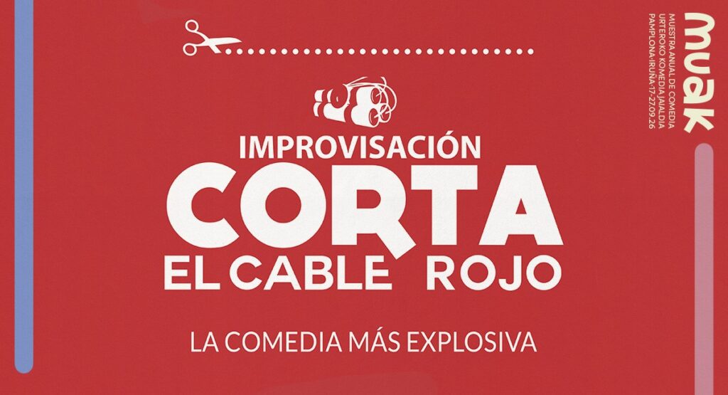 Cartel en color rojo del espectáculo de humos corta el cable rojo. Contiene una lineas discontínuas y una tijera indicando la zona por donde cortar