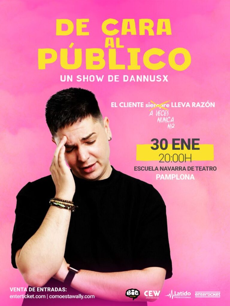 cartel De cara al publico, de fondo rosa, aparece un actor tocándose la frente, en relación a lo que se vive trabajando de cara al público