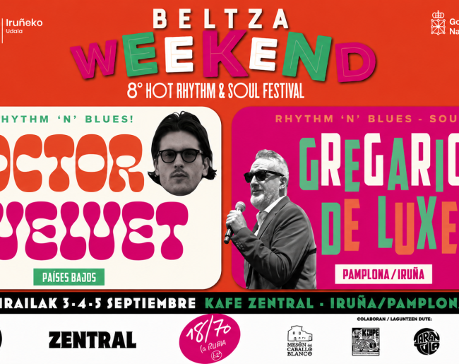Cartel del Beltza Weekend, 8º Hot Rhythm & Soul Festival, con fondo rojo y diseño gráfico colorido. La imagen destaca las actuaciones de Doctor Velvet, de Países Bajos, y Gregario de Luxe, de Pamplona-Iruña, dentro de la programación del 3 al 5 de septiembre en Kafe Zentral, Iruña-Pamplona.