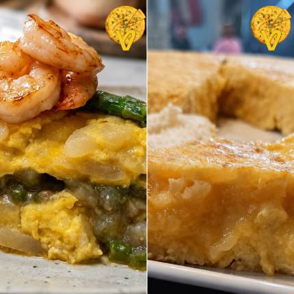 Tortilla tradicional y tortailla rellena de esparragos trigueros y gambas al ajillo del camping iratxe de ayegui