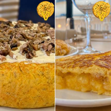Tortilla tradicional y Tortilla co patata con carne ahumada, seas a la brasa, mayonesa con mantequilla y yuzu del Bar La Escalerica Centro de Pamplona