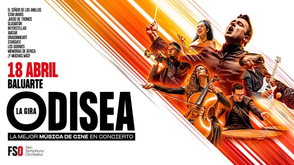 Cartel promocional de Film Symphony Orchestra para la gira “Odisea”, presentada como “la mejor música de cine en concierto”. La imagen tiene una estética intensa y muy cinematográfica, con varios músicos en actitud expresiva tocando instrumentos como violonchelo, trompeta, guitarra eléctrica y percusión, junto a una figura central que dirige o interpreta con gran energía. El diseño utiliza líneas diagonales en tonos naranjas, rojos y amarillos, que aportan velocidad, fuerza y sensación de espectáculo. La composición transmite emoción, potencia escénica y conexión directa con el universo de las bandas sonoras.
