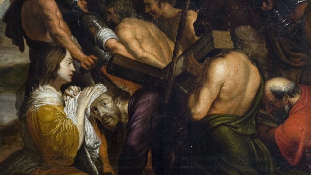 Pintura de temática religiosa y composición dramática, centrada en una escena de la Pasión de Cristo. La imagen muestra a varias figuras agrupadas en tensión: soldados armados con lanzas, personajes en actitud de fuerza o sometimiento y, en la parte inferior izquierda, una mujer vestida de amarillo que sostiene un paño blanco junto al rostro de Cristo. La obra utiliza tonos oscuros, contrastes marcados y una disposición muy cargada de cuerpos y gestos, lo que transmite intensidad, sufrimiento y movimiento. El fondo con las cruces sobre la colina refuerza la referencia al camino hacia la crucifixión.