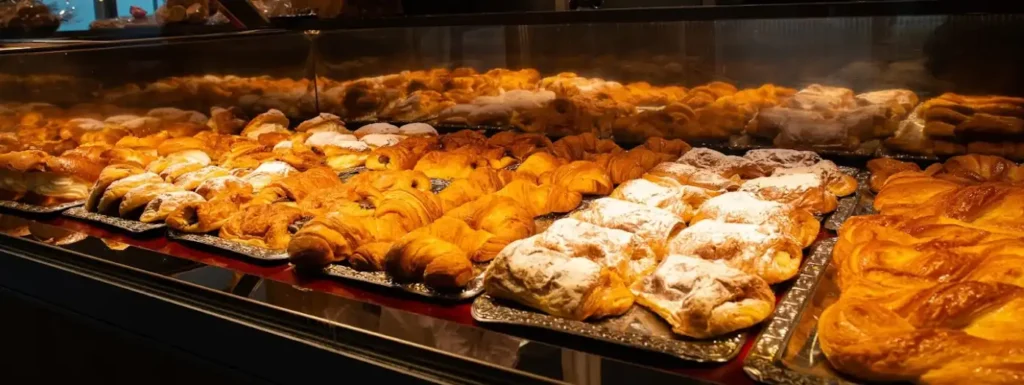 Mostrador de la pasteleria con todos los bollos disponibles