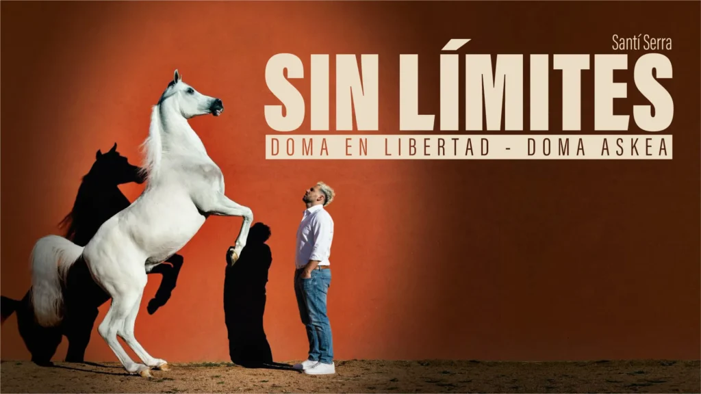 Cartel del espectáculo “Sin límites. Doma en libertad - Doma askea”, con un caballo blanco levantado sobre sus patas traseras frente a un hombre, sobre fondo marrón rojizo y con el título en letras grandes.