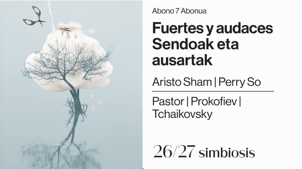 cartel de la temporada de abono 2026/2027 de la Orquesta Sinfónica de Navarra, bajo el concepto “simbiosis”. En el centro aparece un árbol sin hojas que emerge del agua y se refleja en la superficie. Su copa parece estar envuelta en una gran nube blanca, sobre la que aparece un pequeño dispositivo que expulsa vapor o agua. A un lado, una figura ligera con forma de mariposa o pez aporta movimiento a la escena.