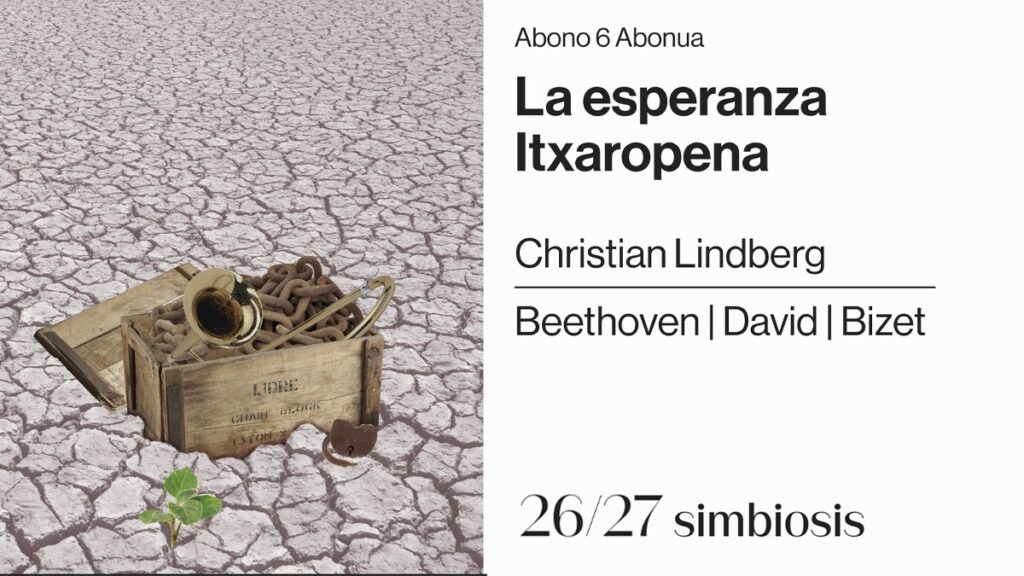 Cartel orquesta sinfónica de navarra, una caja incrustada en un terreno seco y cuarteado contiene uninstrumentos de viento