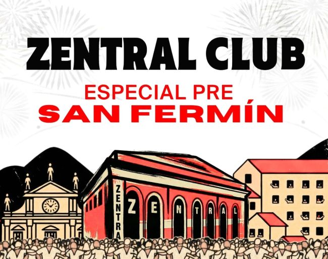 Ilustración del edificio del Zentral con publico vestido de San Fermín