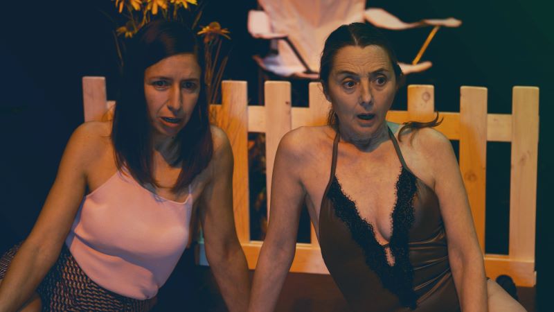 Dos actrices sobre un escenario durante una representación teatral, sentadas junto a una valla de madera y mirando hacia el frente con expresión de sorpresa o preocupación.