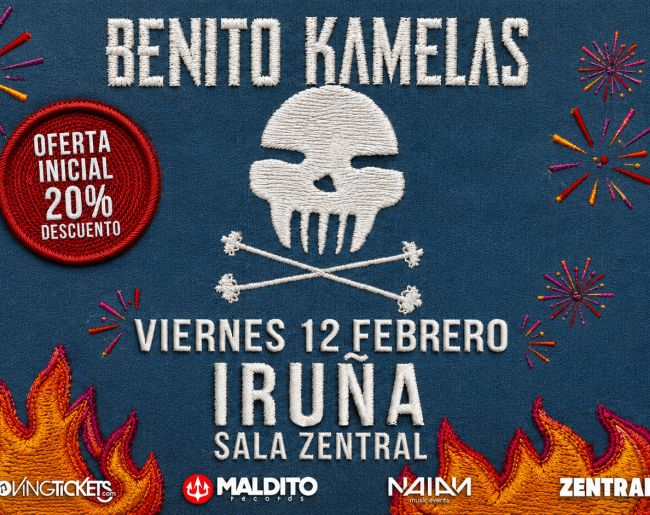 Cartel del concierto de Benito Kamelas, con una calavera y huesos cruzados sobre fondo azul y llamas en la parte inferior. El concierto tendrá lugar el viernes 12 de febrero en la Sala Zentral de Iruña. Se anuncia una oferta inicial del 20 % de descuento.