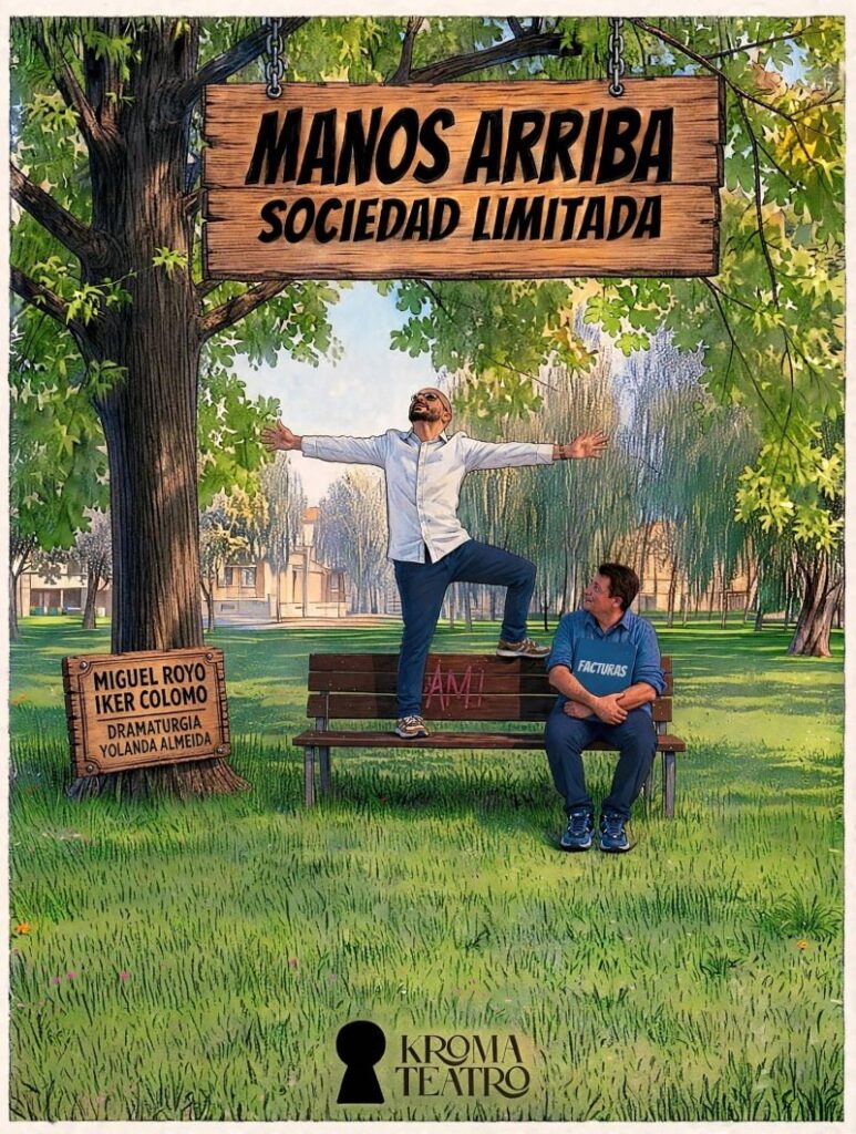 Cartel ilustrado de la obra «Manos Arriba Sociedad Limitada», de Kroma Teatro. La imagen muestra a dos hombres en un parque, uno de pie sobre un banco con los brazos abiertos y otro sentado con una camiseta que lleva la palabra «Facturas».