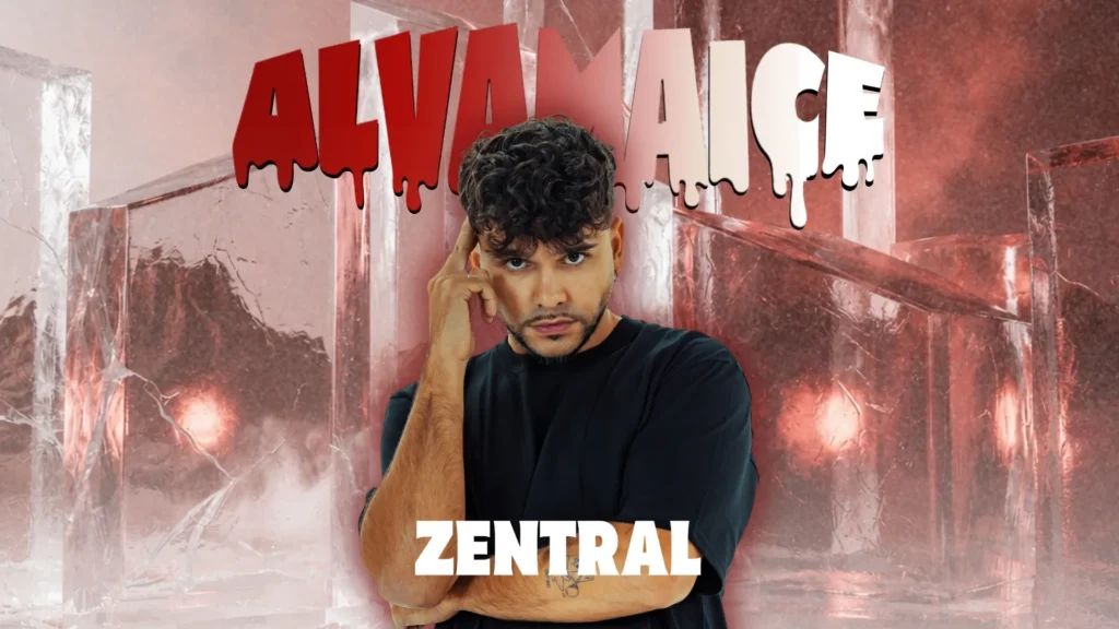 Hombre situado en el centro de la imagen, con camiseta negra y gesto serio, sobre un fondo de bloques transparentes iluminados en tonos rojizos. En la parte superior aparece el texto «ALVAMA ICE» y, en la parte inferior, «ZENTRAL».