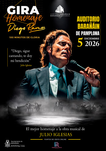 Cartel promocional de la Gira Homenaje Diego Ramos, un espectáculo dedicado a la obra musical de Julio Iglesias bajo el lema “100 minutos de gloria”. Tendrá lugar el 5 de diciembre de 2026 en el Auditorio Barañáin de Pamplona. El diseño muestra en primer plano a un cantante interpretando con un micrófono y, en la parte inferior, una escena de escenario con músicos. Incluye la frase atribuida a Julio Iglesias: “Diego, sigue cantando, te doy mi bendición”, y el mensaje “El mejor homenaje a la obra musical de Julio Iglesias”.