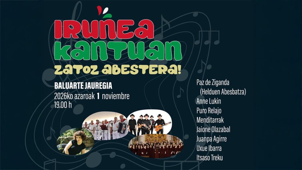 Cartel concierto Iruñea Kantuan en el que aparece la relación de cantantes y grupos, fecha, precio y adornado con algunas fotografías de grupos y cantantes