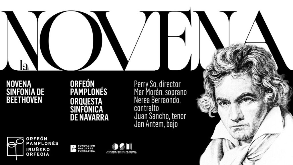 Cartel del concierto «La Novena», dedicado a la Novena Sinfonía de Beethoven, interpretada por el Orfeón Pamplonés y la Orquesta Sinfónica de Navarra bajo la dirección de Perry So. El diseño incluye un retrato ilustrado de Beethoven y los nombres de los solistas participantes.
