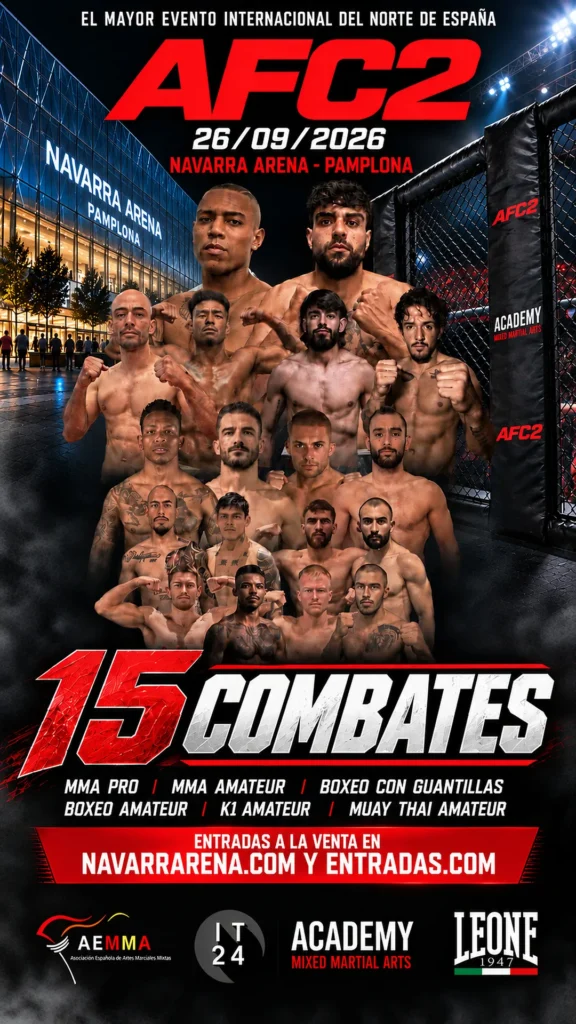 Cartel promocional de AFC2, evento internacional de deportes de combate que se celebrará el 26 de septiembre de 2026 en Navarra Arena, Pamplona. La imagen muestra a varios luchadores y anuncia 15 combates de MMA, boxeo, K1 y Muay Thai.