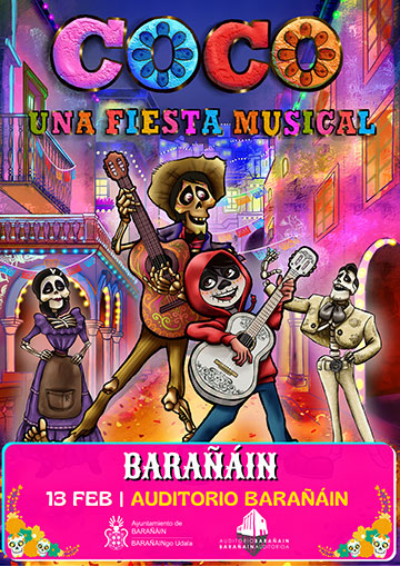 Cartel de «Coco, una fiesta musical», con personajes inspirados en la película de animación Coco, guitarras y una colorida ambientación mexicana. Espectáculo el 13 de febrero en el Auditorio Barañáin.