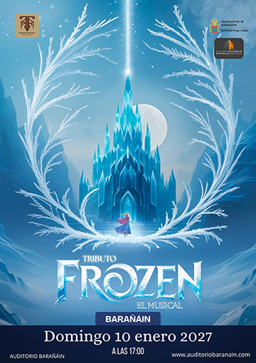 Cartel de «Tributo Frozen, el musical», con un castillo de hielo azul rodeado de ramas nevadas. Domingo 10 de enero de 2027, a las 17:00 horas, en el Auditorio Barañáin.