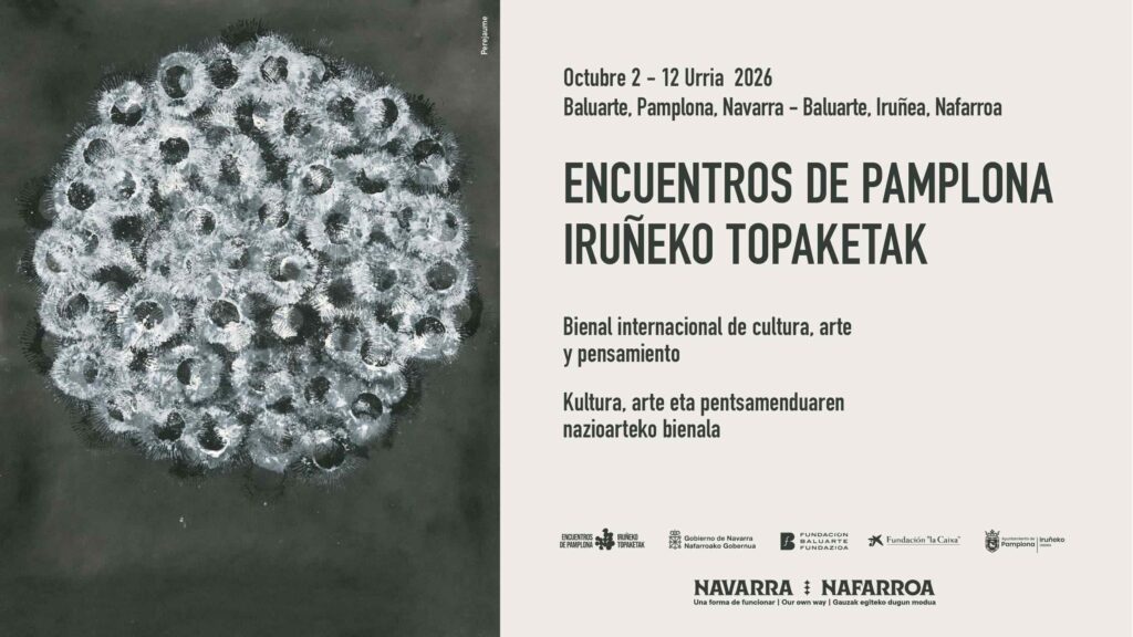 Imagen gráfica del evento Encuentros de Pamplona, con una composición artística circular en blanco y negro formada por múltiples figuras orgánicas sobre fondo oscuro.