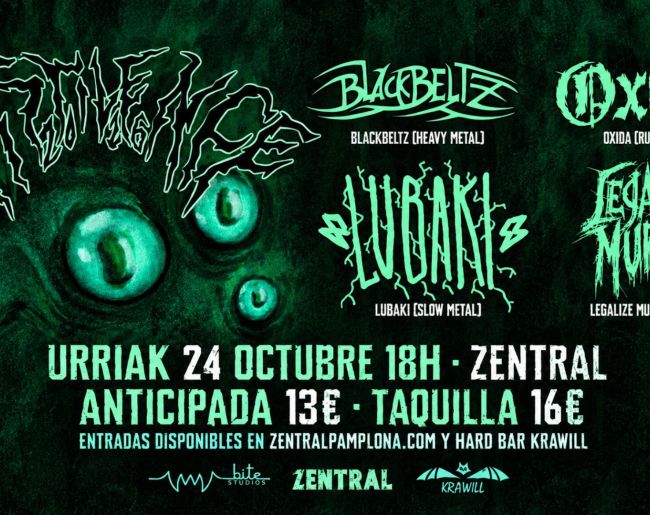 Cartel del festival Zorongo Fest, con las bandas Blackbeltz, Lubaki, Oxida y Legalize Murder. El concierto tendrá lugar el 24 de octubre a las 18:00 horas en Zentral, Pamplona. Entradas anticipadas a 13 € y en taquilla a 16 €.