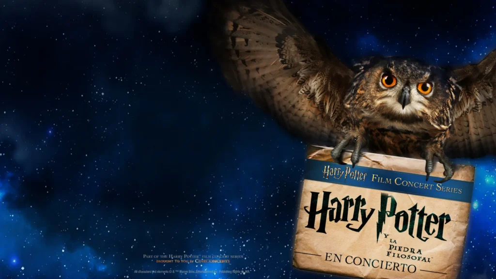 Cartel promocional de «Harry Potter y la piedra filosofal en concierto», con un búho de grandes ojos anaranjados y alas desplegadas sobre un fondo azul de cielo estrellado.